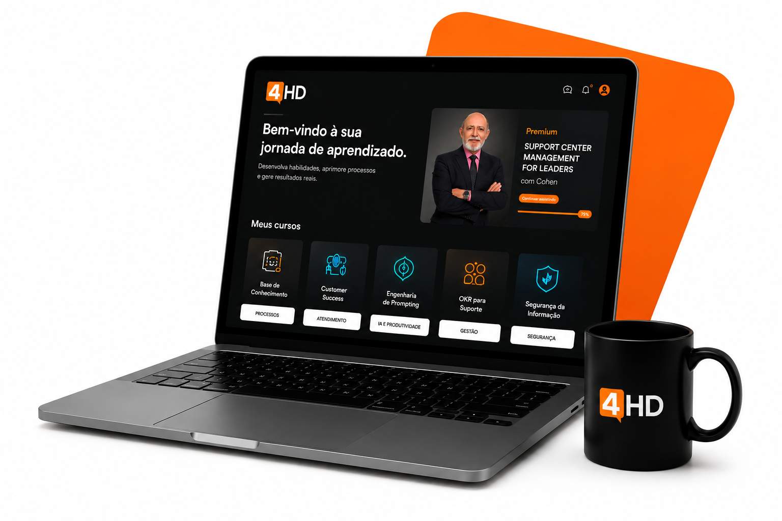 Notebook exibindo a plataforma de cursos do 4HD ao lado de uma caneca do 4HD